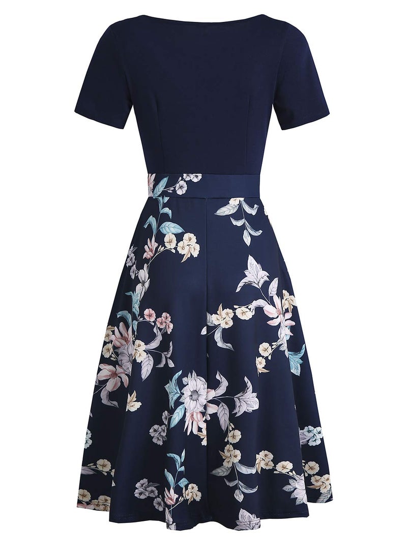 HELYO Fit and Flare Dresses for Petite Women Casual Party Vintage Peter Pan Collar A-Line Swing Wear to Work Dress with Pockets 978 (Blue Floral, XL) - Image 3